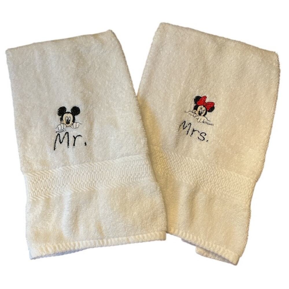 Embroidered Mickey Minnie Mr Mrs Hand Towel Set White Disney Wedding Anniversary